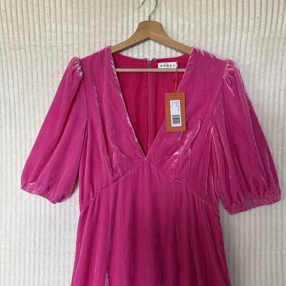 NWT Rhode Pink Ester V-Neck Puff Sleeve Velvet Dress in Jaipur Size 8 $565 - Picture 13 of 16
